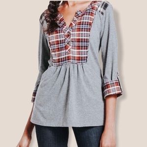 Anthro One September Plaid Tab Sleeve Henley Top